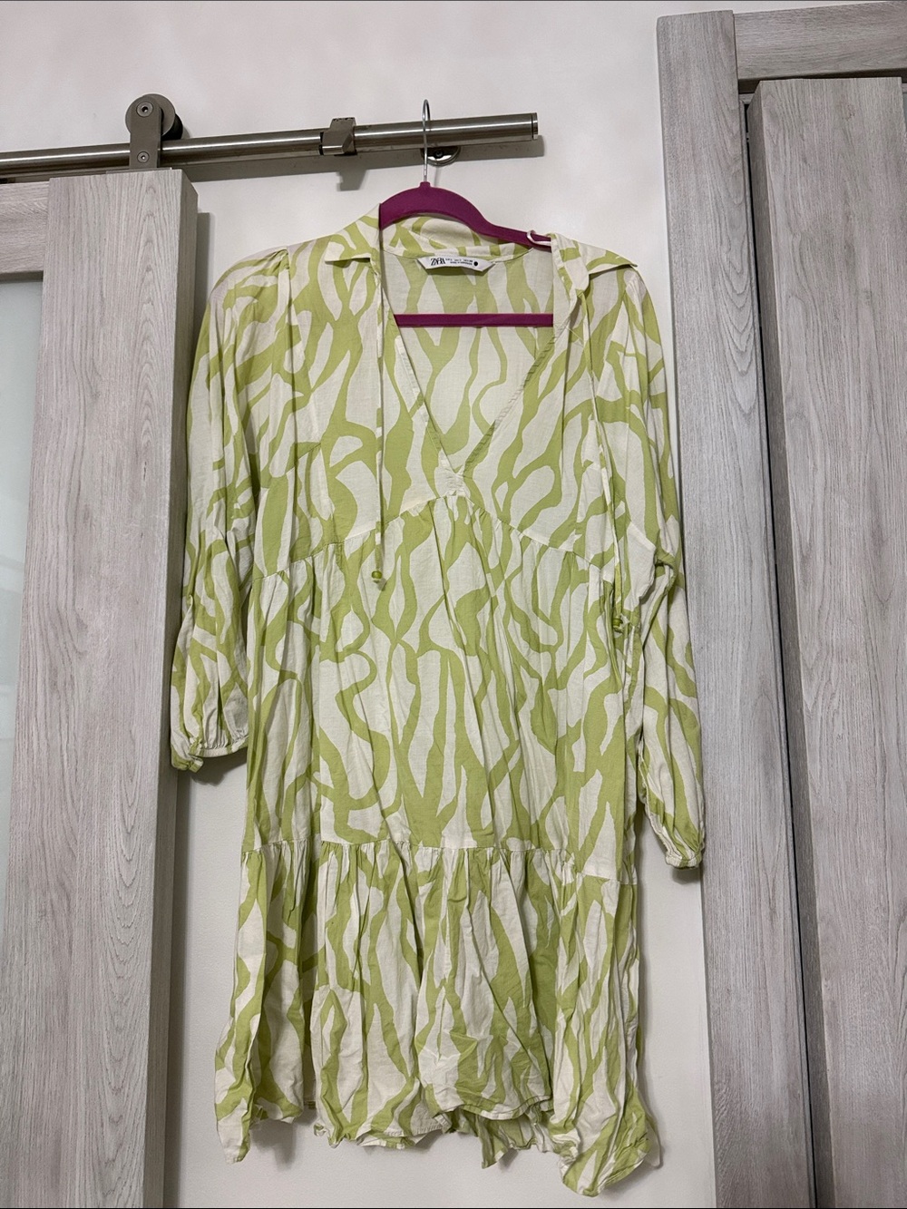 Zara Light Green and Cream Printed Long Sleeve Tiered V-Neck Dress